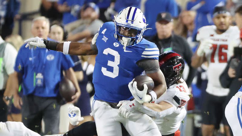 BYU running back Aidan Robbins runs against the Texas Tech Red Raiders in Provo on Saturday, Oct. 21, 2023. The UNLV transfer said nobody on the team is pointing fingers despite the Cougars’ lopsided loss at Texas.