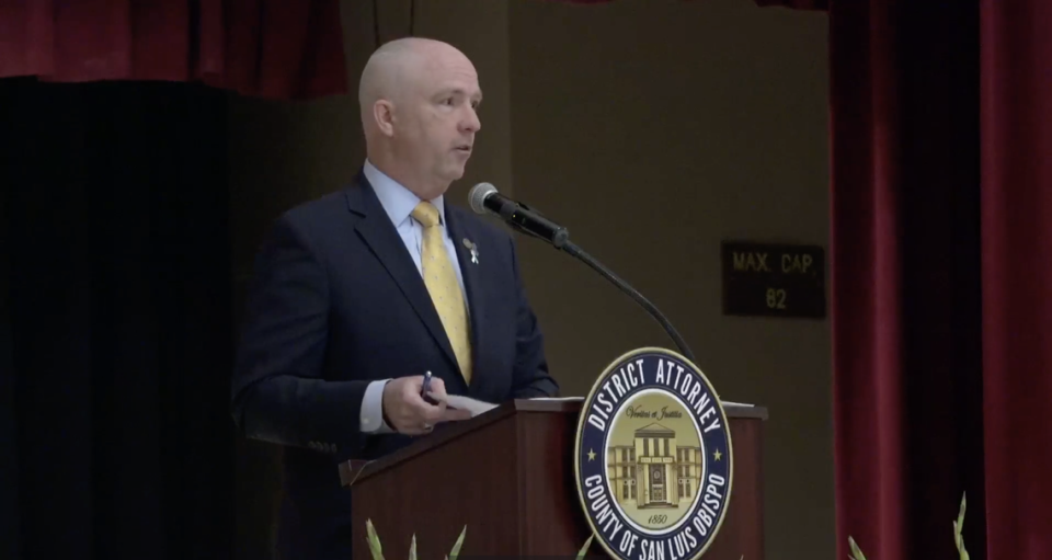 San Luis Obispo County District Attorney Dan Dow speaks at a victims rights awareness month event at San Luis Obispo Veterans Hall on April 17, 2023.