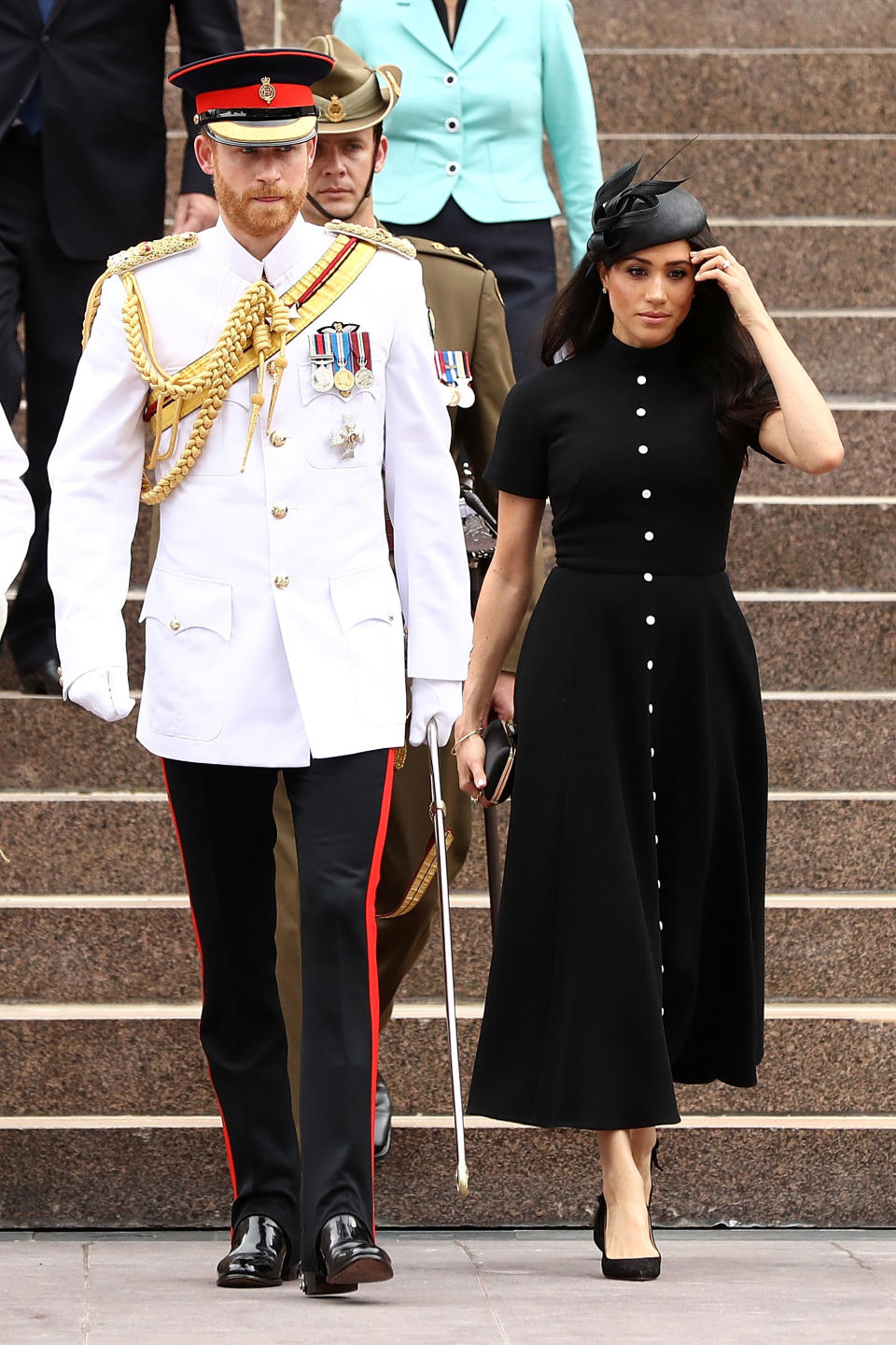 <p>Prince Harry was dressed in full military uniform, whilst Meghan Markle wore a stunning black dress. Source: Getty </p>