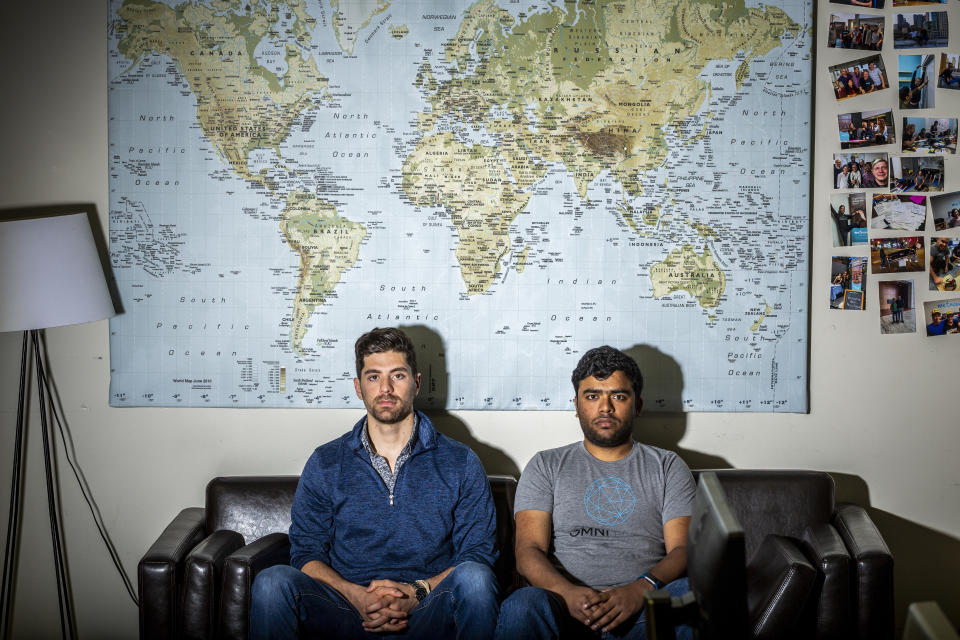 Alex Modon, left, and Vikram Tiwari, co-founders of Omni Labs, Inc., in San Francisco on April 13, 2018. (Photo: Eric Kayne for Yahoo News)