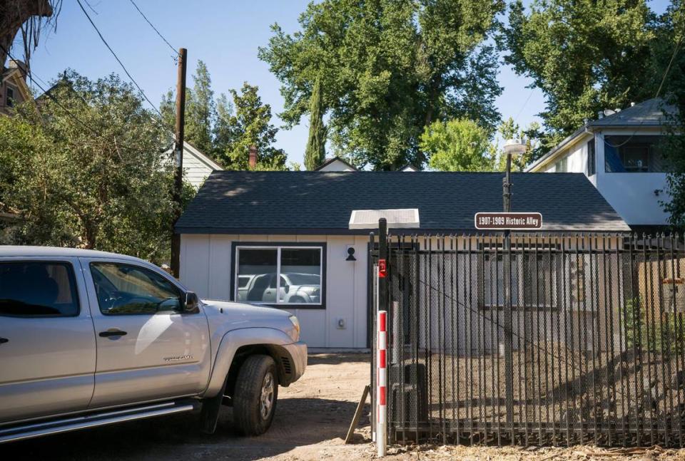 One of the two ADUs — accessory dwelling units — being built on a midtown parcel by Anchored Tiny Homes stands earlier this month in Sacramento.