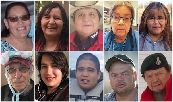 PHOTO: Photos provided by RCMP shows stabbing victims, from top left, Bonnie Burns, Carol Burns, Christian Head, Lydia Gloria Burns, and Lana Head. From bottom left, Wesley Petterson, Thomas Burns, Gregory Burns, Robert Sanderson, and Earl Burns. (Royal Canadian Mounted Police via AP)