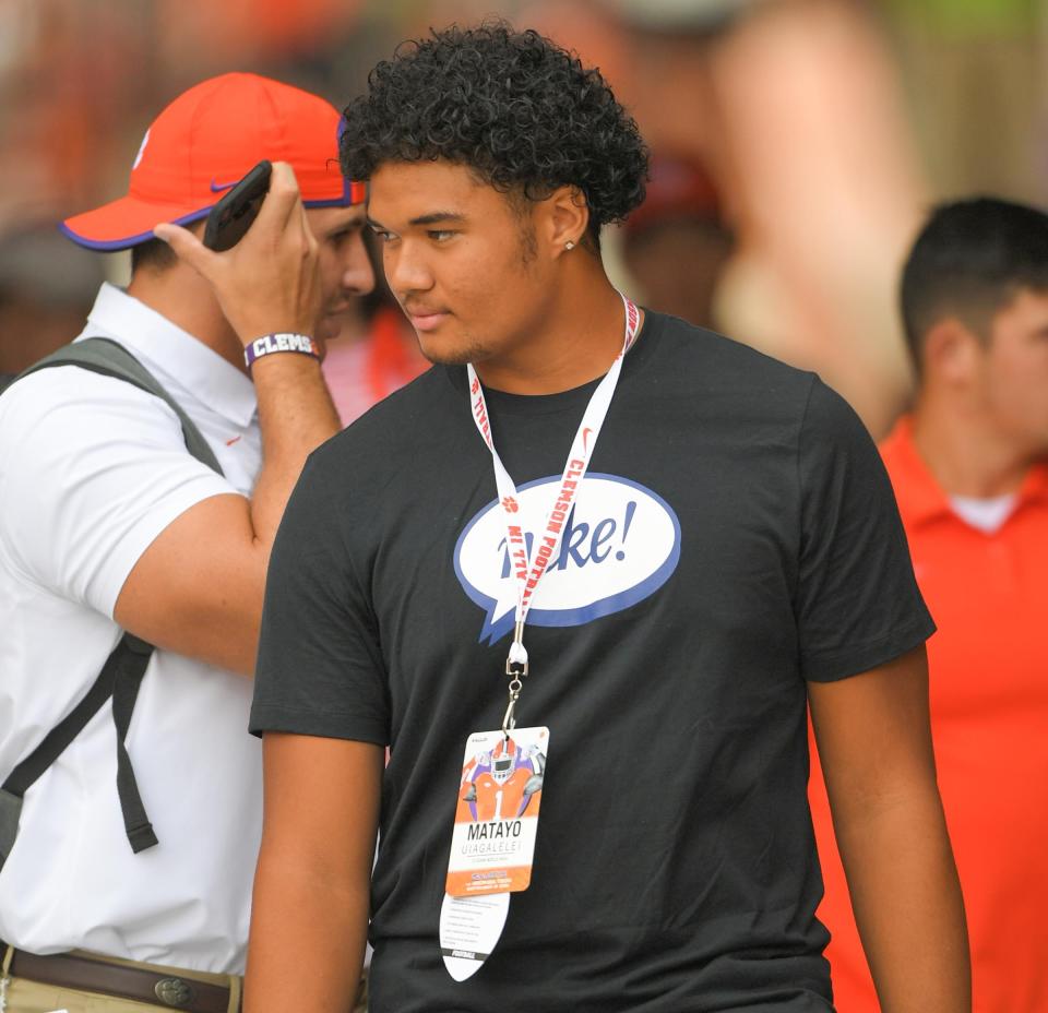 Clemson recruit Matayo Uiagalelei, brother of quarterback D.J. Uiagalelei walks on the field before the game in Clemson, S.C., September 18, 2021. 