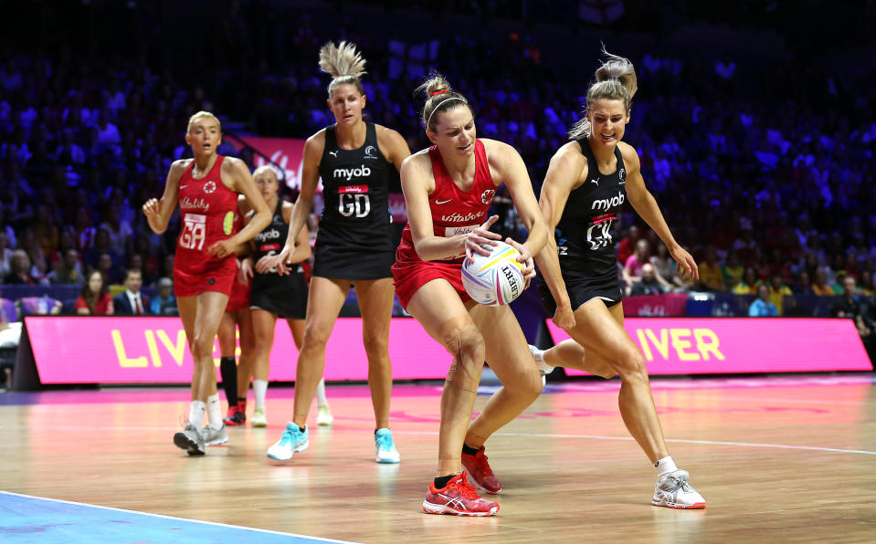 England in action against New Zealand during the Netball World Cup . (Photo by Nigel French/PA Images via Getty Images)