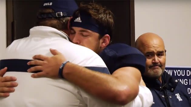 Luke Turner can be seen hugging coach and mentor, David Bailiff. Photo: YouTube