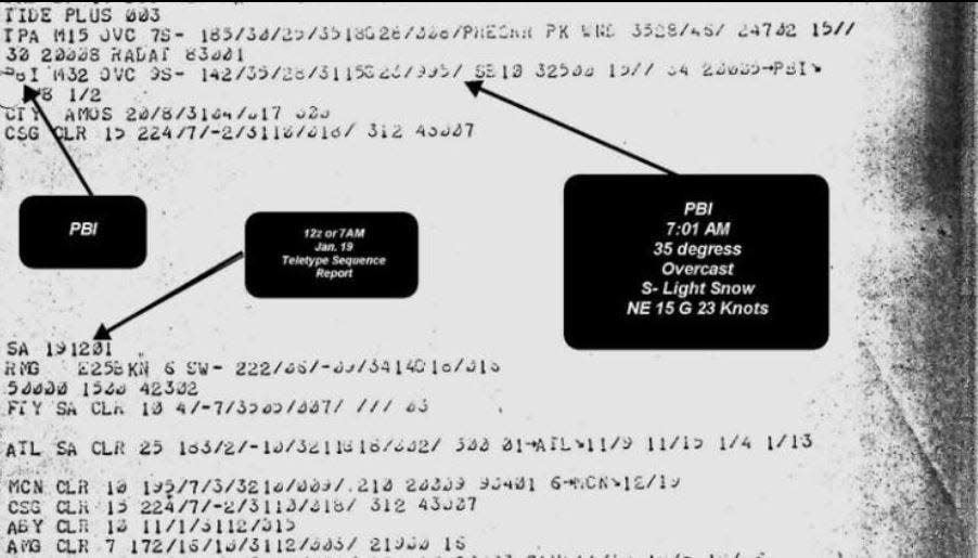 A photo of the original Teletype report from Jan. 19, 1977 that recorded snow in West Palm Beach. Courtesy Joe Vidulich