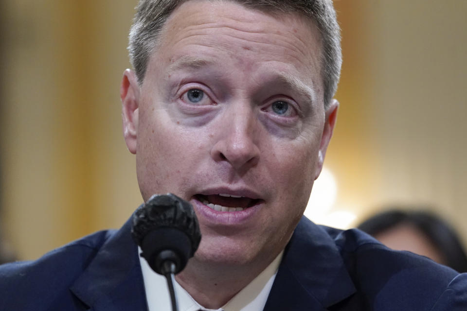 Matt Pottinger, former deputy national security adviser, testifies as the House select committee investigating the Jan. 6 attack on the U.S. Capitol holds a hearing at the Capitol in Washington, Thursday, July 21, 2022. (AP Photo/Patrick Semansky)