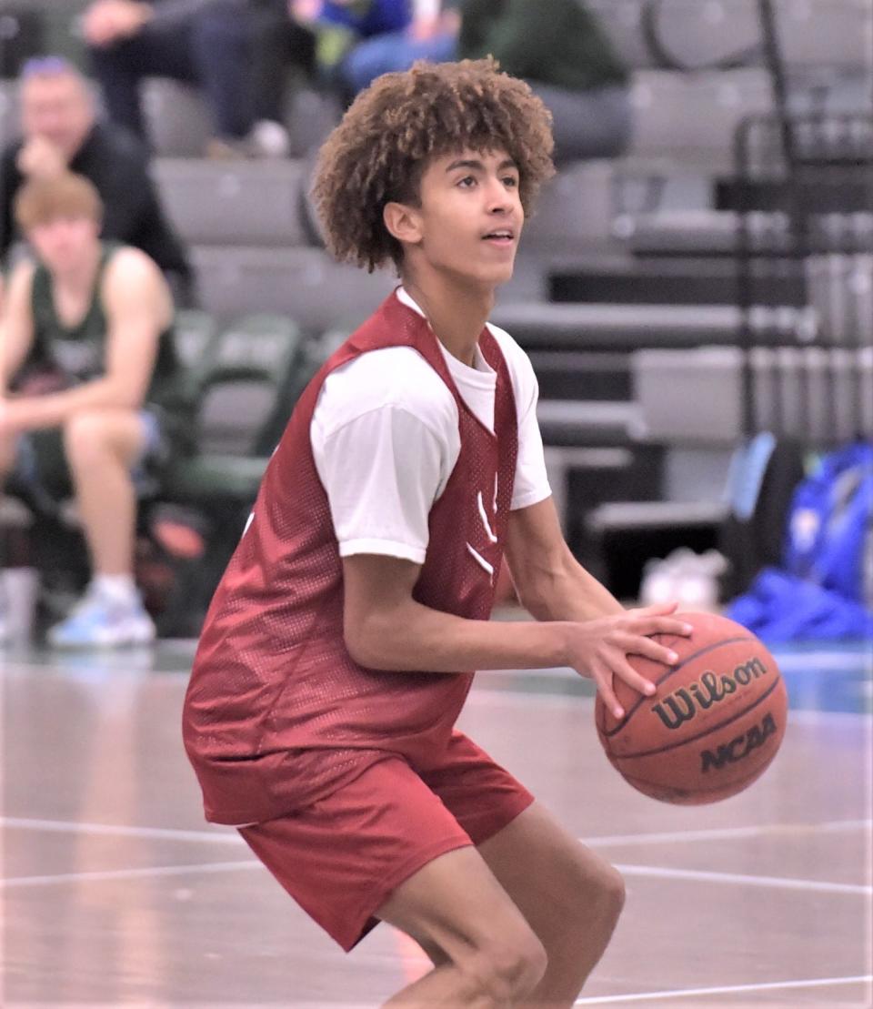 Rocky Mountain High School boys basketball player Avantae Hood eyes the basket during the skills challenge in the during the FOCO City Challenge on Nov. 18, 2022, at Fossil Ridge High School in Fort Collins.