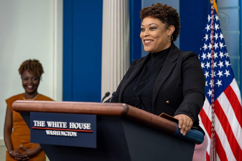 <p>Official White House Photo by Cameron Smith</p> Shalanda Young, director of the Office of Management and Budget, holds a press briefing on May 4, 2023