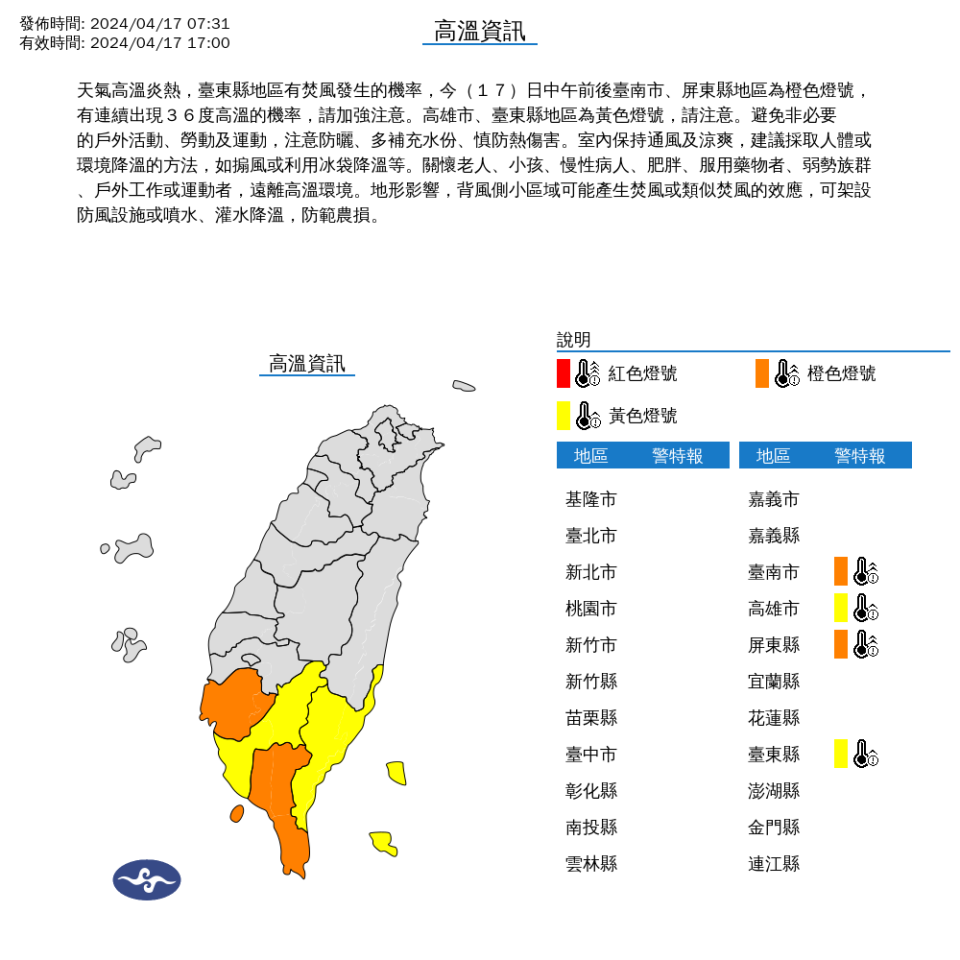 氣象署針對4縣市發布高溫預報。氣象署提供