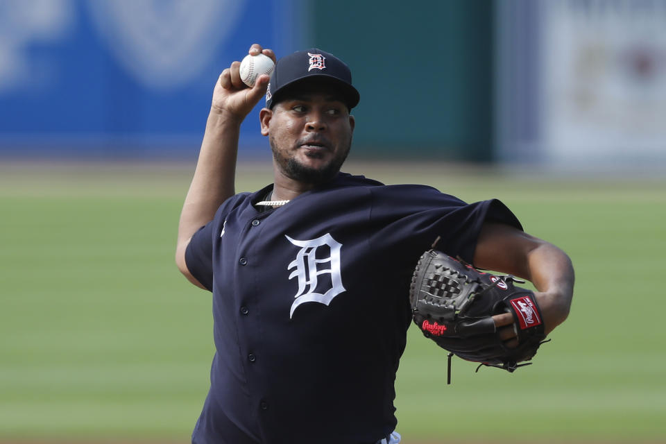 Detroit Tigers pitcher Ivan Nova throws during an intrasquad baseball game, Friday, July 10, 2020, in Detroit. (AP Photo/Carlos Osorio)