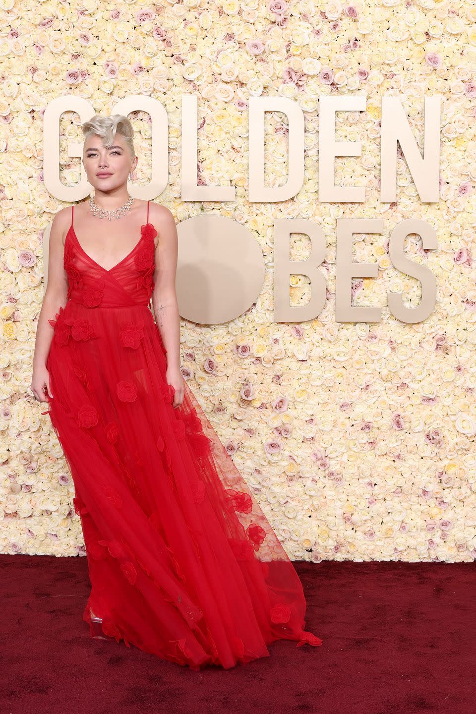 Florence Pugh Wears a Custom Valentino Dress to the 2024 Golden Globes