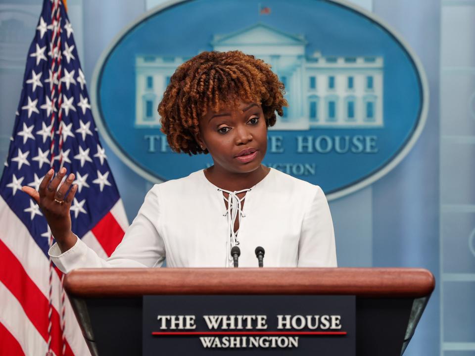 White House Press Secretary Karine Jean-Pierre speaks during the daily press briefing at the White House, September 08, 2022 in Washington, DC. Jean-Pierre said President Biden's thoughts are with Queen Elizabeth II and the family.