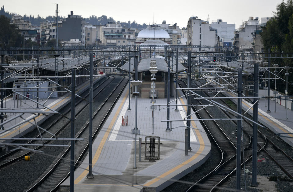 The main train station is closed during a strike in Athens, Greece, Wednesday, Feb. 28, 2024. A nationwide 24-hour strike by public and some private sector workers is expected to disrupt public transport and leave ferries tied up in port. (AP Photo/Michael Varaklas)
