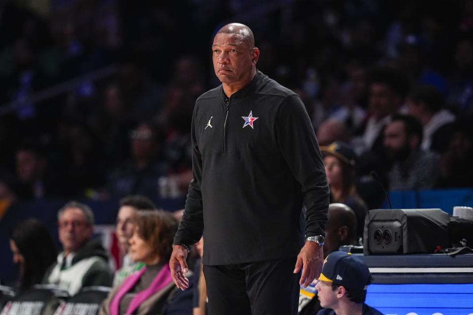 Milwaukee Bucks head coach Doc Rivers watches from the sideline during the second half of an NBA All-Star basketball game in Indianapolis, Sunday, Feb. 18, 2024. (AP Photo/Darron Cummings)