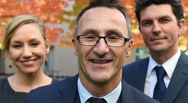 Greens Senator Larissa Waters, left, leader Richard Di Natale, centre, and Scott Ludlam, right. Photo: AAP