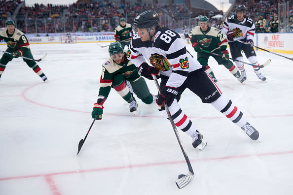 Chicago Blackhawks right wing Patrick Kane (88) aims for the Wild's net during the third period on Sunday, Feb. 21, 2016, at TCF Bank Stadium in Minneapolis. (Erin Hooley/Chicago Tribune/TNS via Getty Images)