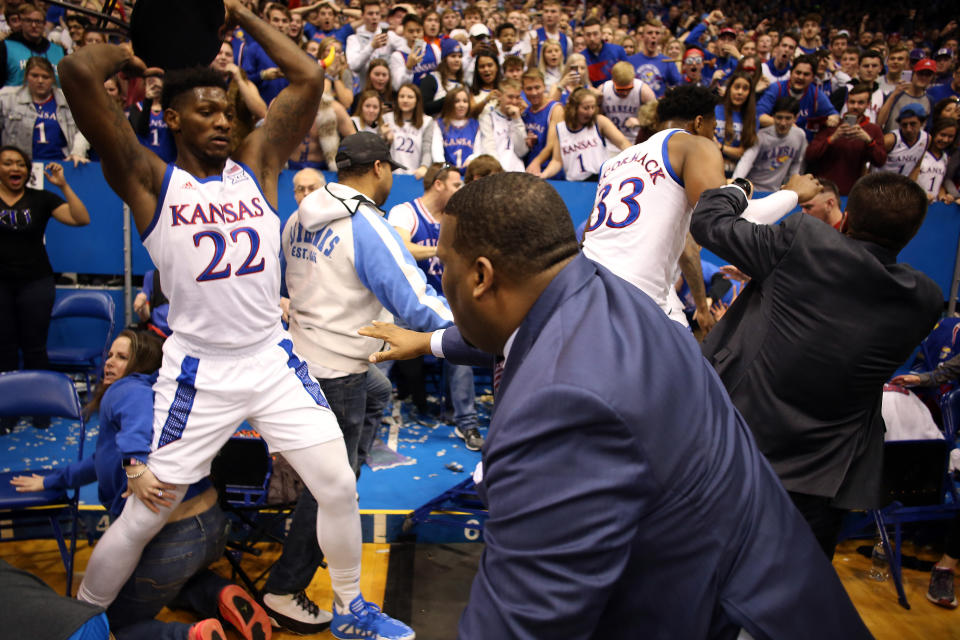 Silvio De Sousa of Kansas University was suspended indefinitely for his role in the melee. (Photo: Jamie Squire via Getty Images)