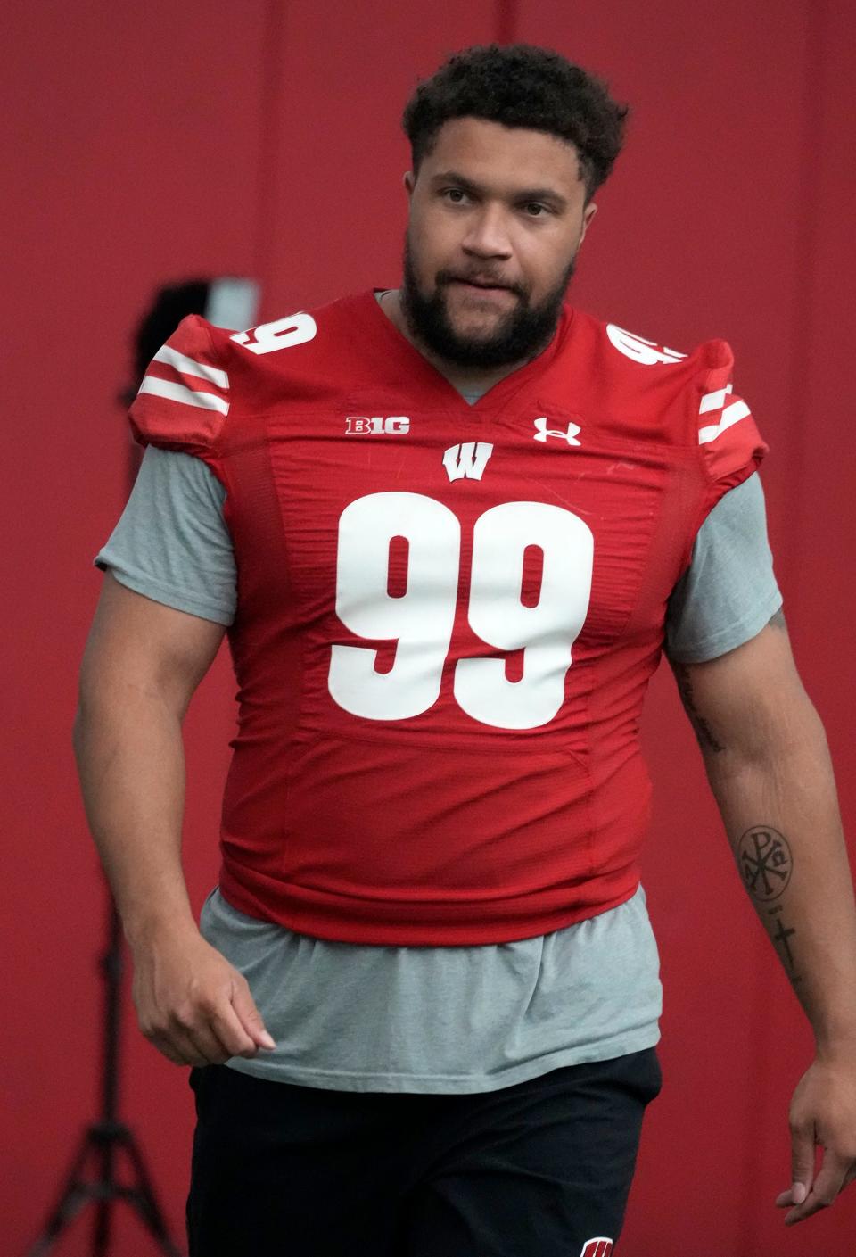 Wisconsin Badgers defensive end Isaiah Mullens (99) approaches the media during Wisconsin Badgers football media day at Camp Randall Stadium in Madison on Tuesday, Aug. 1, 2023.  -  Mike De Sisti / The Milwaukee Journal Sentinel