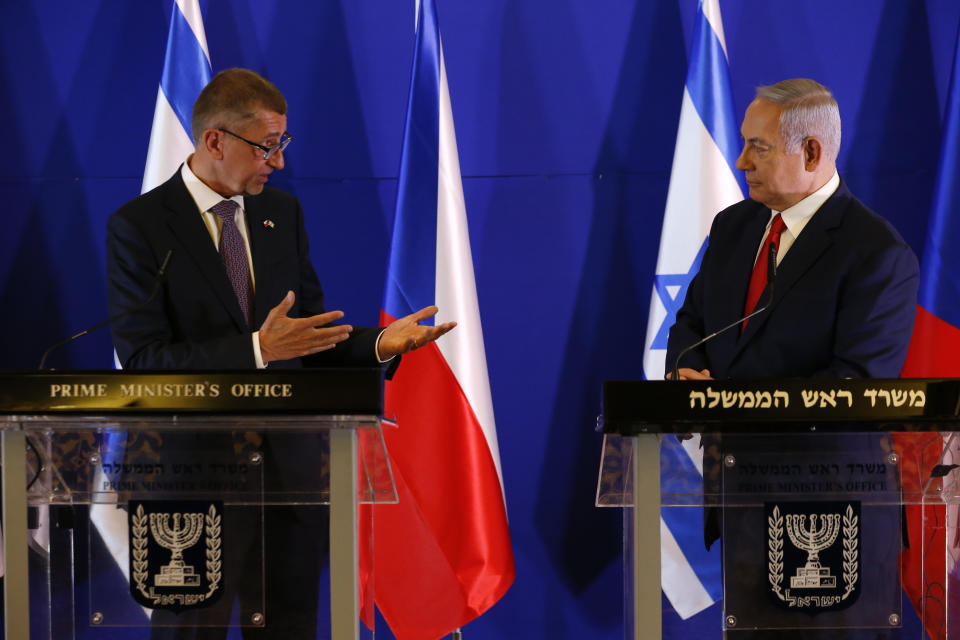 Czech Republic's Prime Minister Andrej Babis, left, speaks as Israeli Prime Minister Benjamin Netanyahu listens after their meeting in Jerusalem, Tuesday, Feb. 19, 2019. (AP Photo/Ariel Schalit, Pool)