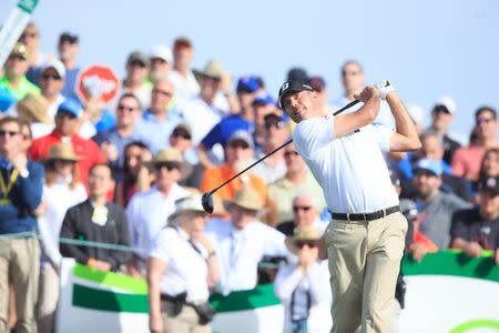 Feb 2, 2017; Scottsdale, AZ, USA; Matt Kuchar with his tee shot on the 11th hole during the first round of the Waste Management Phoenix Open golf tournament at TPC Scottsdale. Allan Henry-USA TODAY Sports