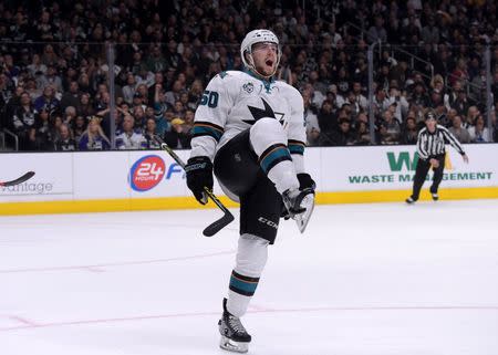 Apr 22, 2016; Los Angeles, CA, USA; San Jose Sharks center Chris Tierney (50) celebrates after scoring a goal in the first period against the Los Angeles Kings in game five of the first round of the 2016 Stanley Cup Playoffs at Staples Center. Mandatory Credit: Kirby Lee-USA TODAY Sports