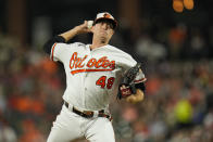 Baltimore Orioles starting pitcher Kyle Gibson throws to the Toronto Blue Jays during the second inning of a baseball game, Thursday, Aug. 24, 2023, in Baltimore. (AP Photo/Julio Cortez)