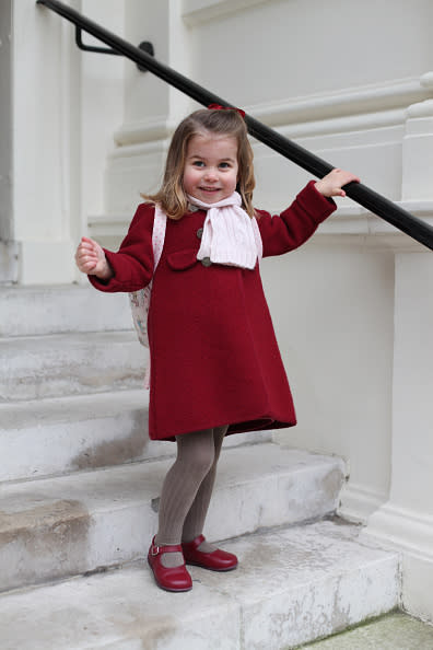 <p>The Duchess of Cambridge celebrated her daughter’s first day at nursery school by sharing two adorable snaps. In the images, Princess Charlotte dons the Razorbil coat from Amaia accessorised with a Cath Kidston backpack and coordinating shoes. (Photo: Getty Images) </p>