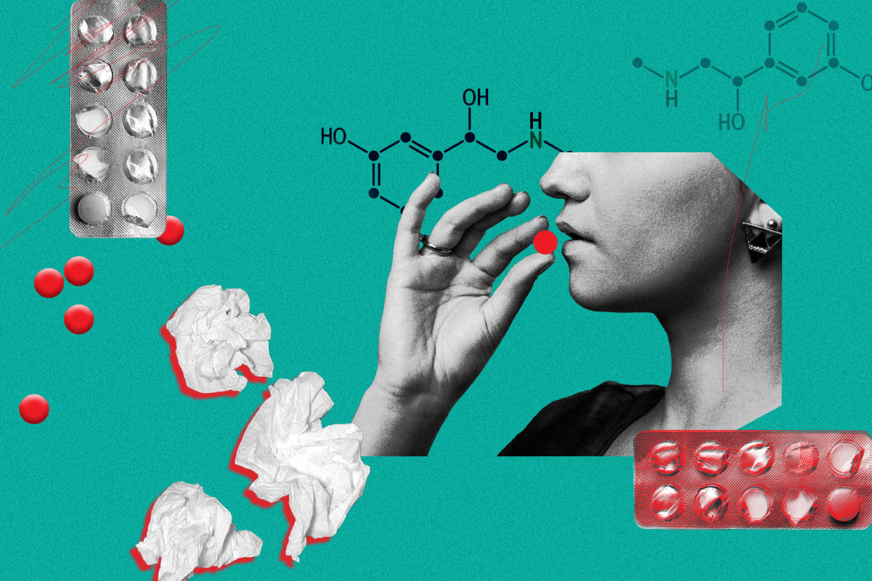 A graphic illustration with pills, a woman holding a single pill, used tissues and some chemical symbols.