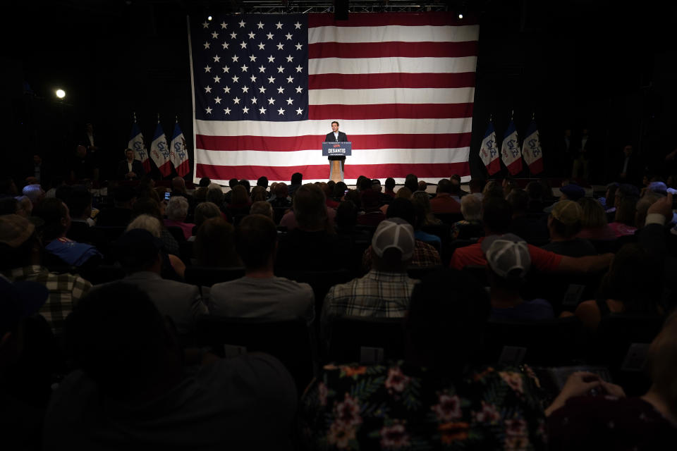 FILE - Republican presidential candidate Florida Gov. Ron DeSantis speaks during a campaign event, Tuesday, May 30, 2023, in Clive, Iowa. (AP Photo/Charlie Neibergall, File)