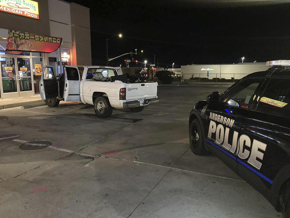 This photo provided by the Anderson Police Department shows a pick-up driven by a woman who had abducted her children in Arkansas. The photo was taken in Saturday, Oct. 21, 2023 in Anderson, Calif. Authorities say they rescued eight children after they had allegedly been abducted by their biological mother from their foster homes in Arkansas. (Anderson Police Dept. via AP)