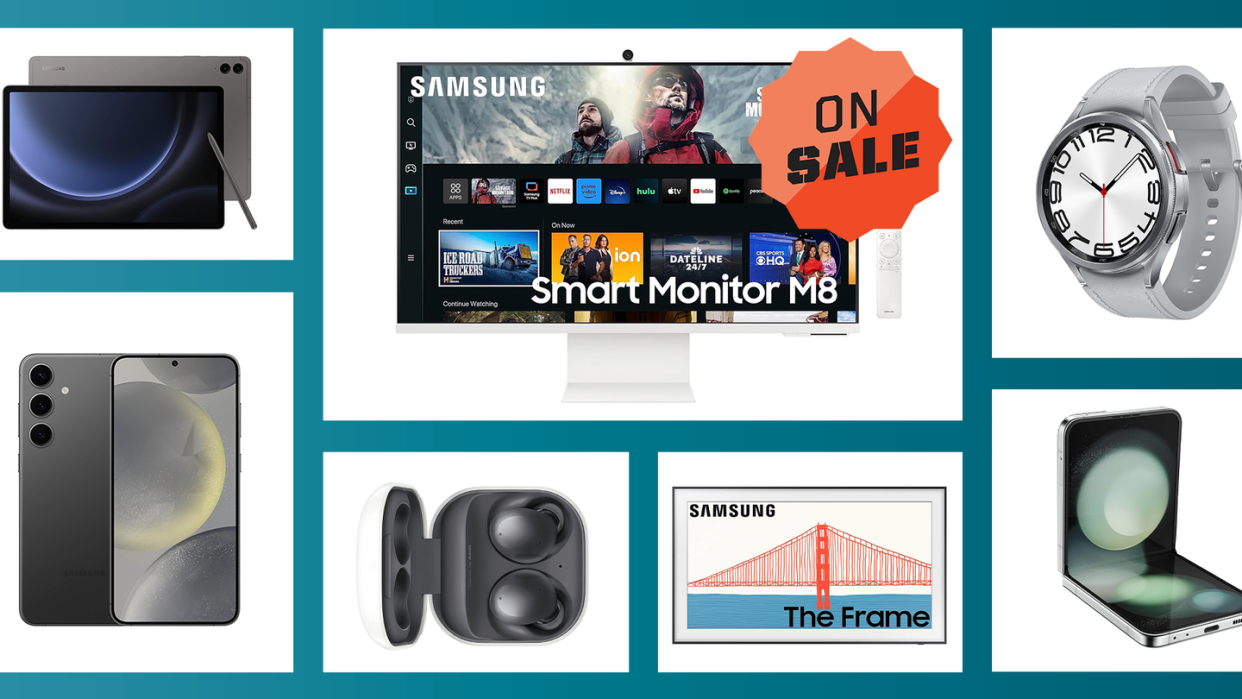 samsung tablet, smart monitor, watch, phone, frame tv, earbuds, on sale