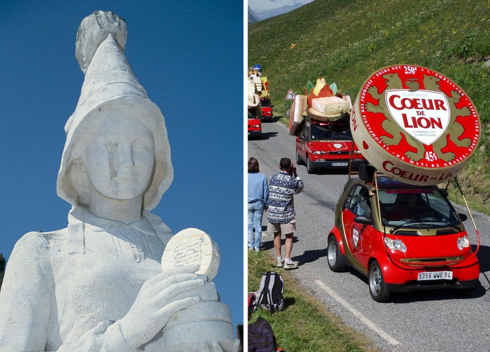 A statue of Marie Harel, born in 1761, invented camembert cheese; cars along the Tour de France route advertise Coeur de Lion camembert cheese in 2002. (Antonio Autenzio; William Stevens / Getty Images file)