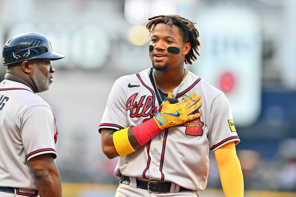 CLEVELAND, OHIO - JULY 05: Ronald Acuna Jr.  #13 of the Atlanta Braves reacts after being forced out to end the fourth inning against the Cleveland Guardians at Progressive Field on July 05, 2023 in Cleveland, Ohio.  (Photo by Jason Miller/Getty Images)