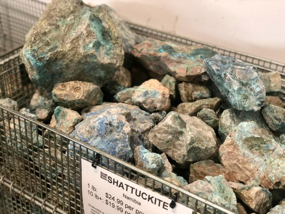 Shattuckite from Namibia is for sale in large pieces at Rough Stone Rocks in Merrimack, New Hampshire, one of the business' three locations where crystals, minerals and rocks are sold.