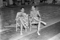 <p>Senator Richard Nixon relaxes while preparing a television speech at an L.A. hotel pool in 1952. </p>