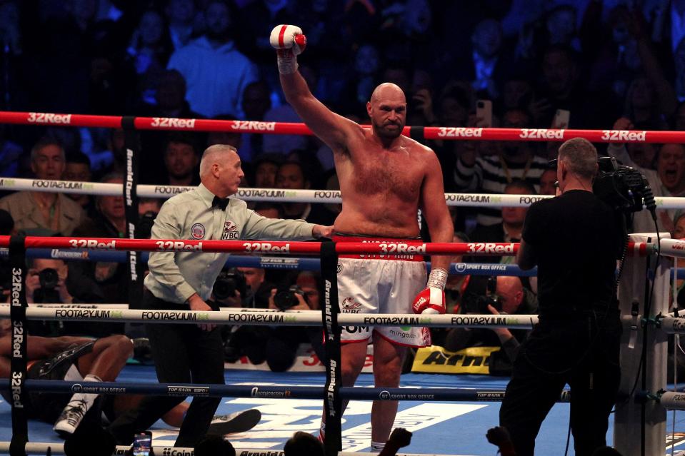 Tyson Fury celebrates after knocking out Dillian Whyte.