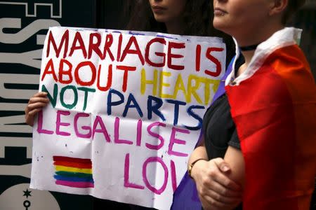 File photo: A gay rights activist holds a placard during a rally supporting same-sex marriage, in Sydney, Australia May 31, 2015. REUTERS/David Gray