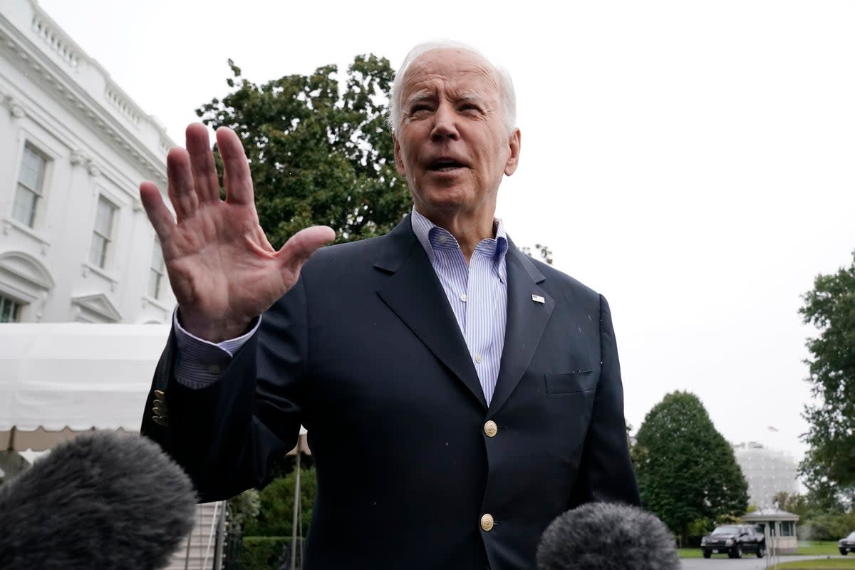 President Joe Biden speaks to the media before boarding Marine One on the South Lawn of the White House, Monday, Oct. 3, 2022, for a short trip to Andrews Air Force Base, Md., and then on to Puerto Rico. (AP Photo/Andrew Harnik) (AP)