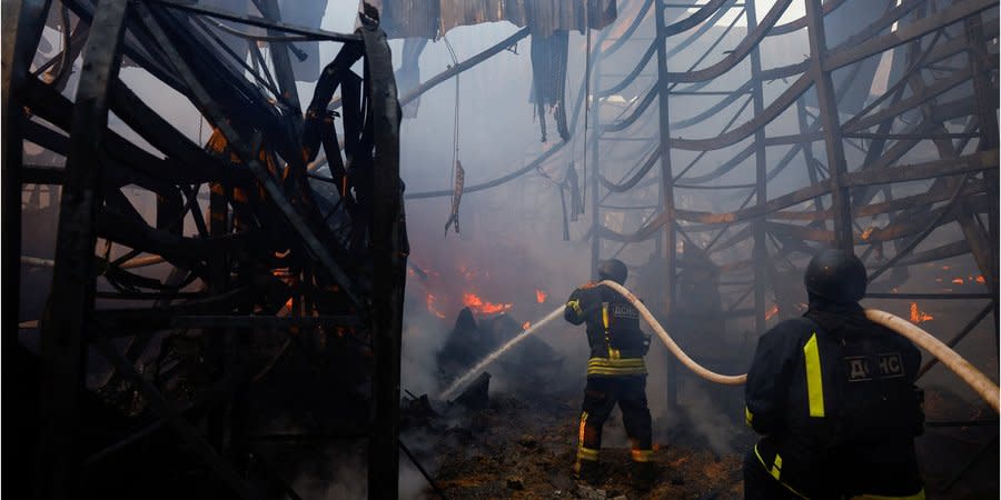 Rescuers in the Epicenter shopping mall destroyed by Russian glide bombs