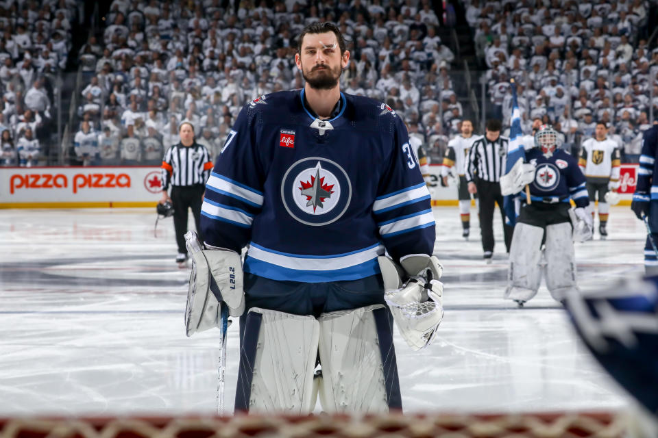 Connor Hellebuyck might not be with the Jets by the end of the 2023-24 NHL season. (Photo by Jonathan Kozub/NHLI via Getty Images)