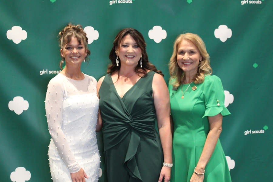 Amy Burkhart, center, was honored as 2024 Woman of Distinction on Friday, April 26, 2024. She’s pictured with Diane Nelson (right), CEO of Girl Scouts of Eastern Iowa and Western Illinois, and Kaylee Kramer, recent Girl Scout Gold Award winner.