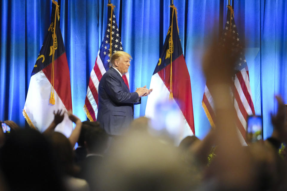 Former President Donald Trump arrives to speak at the North Carolina Republican Party Convention on Saturday, June 10, 2023, in Greensboro, N.C. Trump's appearance at the convention is one of the first public appearances since his federal indictment. (AP Photo/Meg Kinnard)