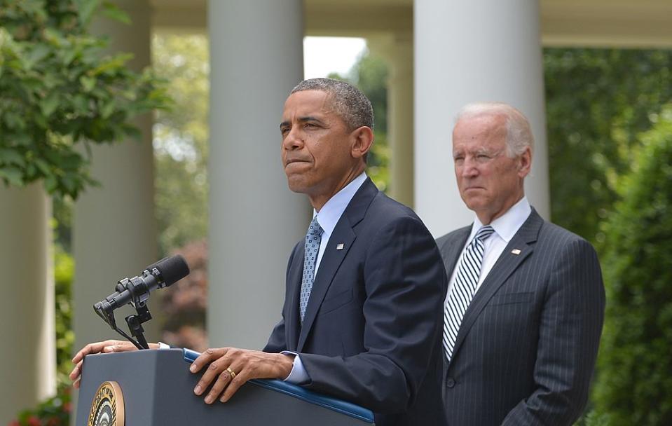 Former US President Barack Obama speaks in the Rose Garden in 2014.