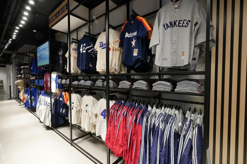 Throwback jerseys are on display at the MLB Flagship store Wednesday, Sept. 30, 2020, in New York. Major League Baseball’s first retail store opens Friday. (AP Photo/Frank Franklin II)