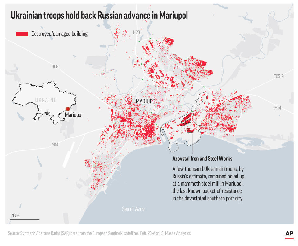 A few thousand Ukrainian troops, by Russia's estimate, remained holed up at a mammoth steel mill in Mariupol, the last known pocket of resistance in the devastated southern port city.