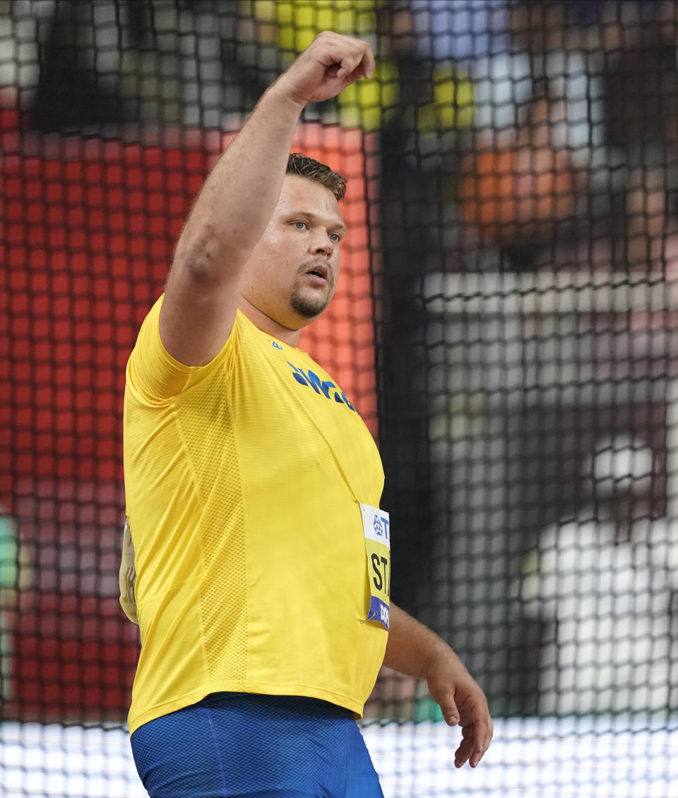 Daniel Ståhl, of Sweden, reacts after winning the gold medal in the men's discus throw final at the World Athletics Championships in Doha, Qatar, Monday, Sept. 30, 2019. (AP Photo/David J. Phillip)