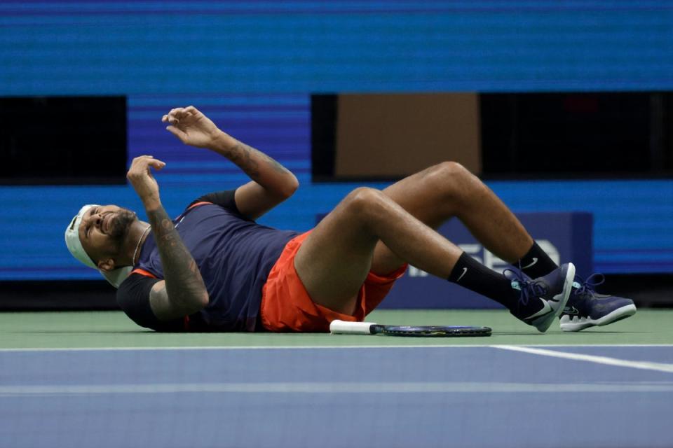 Nick Kyrgios had a heavy fall in the third set (Adam Hunger/AP) (AP)