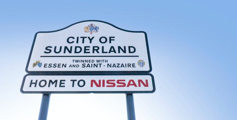 Sunderland city sign, with 'Home to Nissan' sign below.