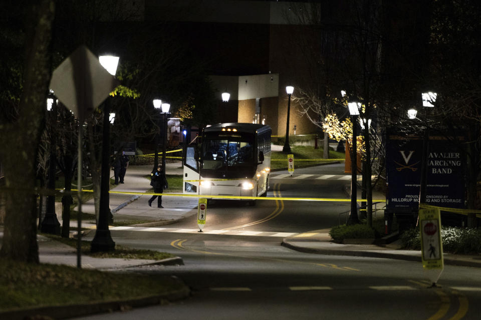 ONE TIME USE - Police seal off an area of campus at the University of Virginia after a shooting incident on Nov. 14, 2022. (Mike Kropf / The Daily Progress via AP)